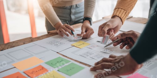 Preview: Close up ux developer and ui designer brainstorming about mobile app interface wireframe design on