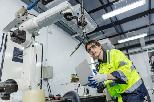 Preview: Man technician engineer using laptop control automation robotics at industrial modern factory.
