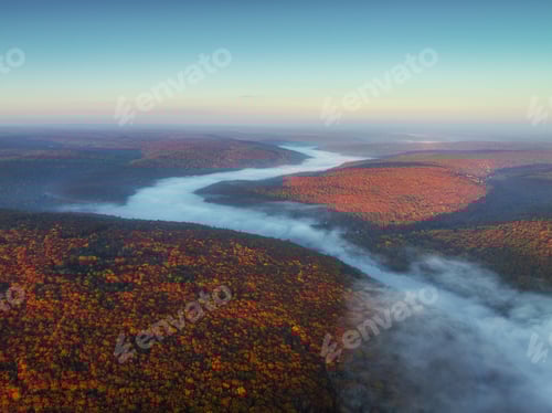 Preview: Aerial view of the Delaware River In the forest at sunrise