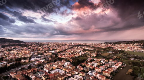Preview: Panoramic view of the Historical buildings in Old under a gray cloudy sky at sunset