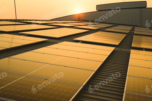 Preview: Photovoltaic solar panels on rooftop with sunset at solar cell farm