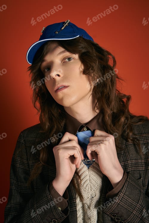 Preview: Stylish young man showcasing unique fashion against a vibrant background