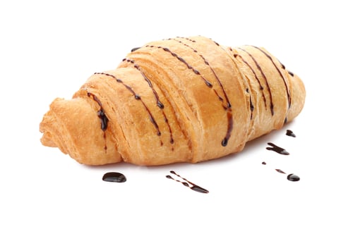 Preview: Tasty croissant with chocolate sauce on white background
