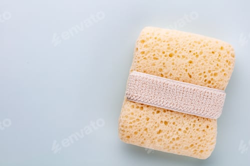 Preview: Soap bar and foam on white background, top view. Mockup for design