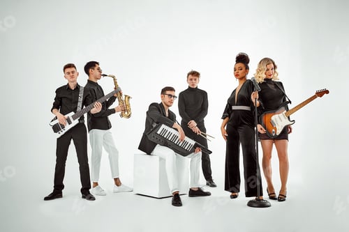 Preview: Multiracial music band on a white background. A group of international musicians rehearsing a
