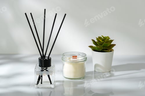 Preview: Elegant Home Fragrance Reed Diffuser Displayed Beside Scented Candles and Succulents