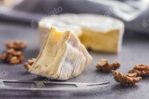 Preview: Brie type cheese with white mold. French camembert cheese on kitchen table.