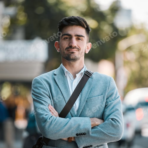Preview: Crossed arms, city and portrait of business man for positive mindset, startup goals and commute. Tr