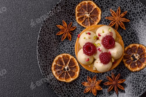 Preview: Sweet cake or tart round with cream and raspberries. Raspberry sweet tart