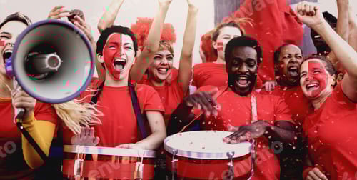 Preview: Sport fans support team in crowd stadium. Soccer or football people celebrate championship games