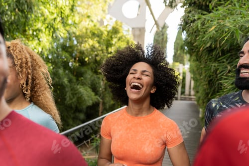 Preview: group of friends running, african american woman laughing out loud