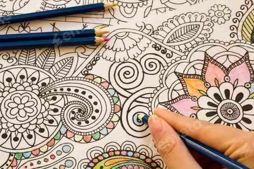 Preview: Adult colouring books with pencils, new stress relieving trend, mindfulness concept person coloring