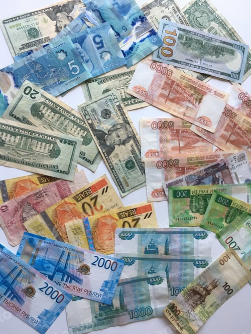 Preview: Money bills from different countries in different denominations