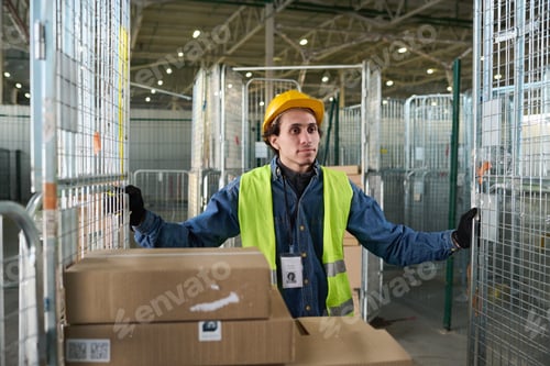 Preview: Young worker of warehouse in safety helmet and reflective vest pushing cart