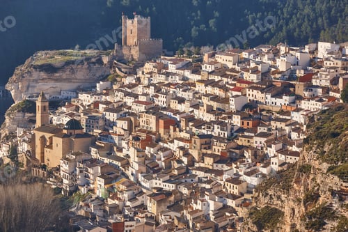 Preview: Picturesque white village on the mountain. Alcala del Jucar. Spain