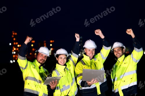 Preview: Group of engineer raising hands up for finish working night shift at factory