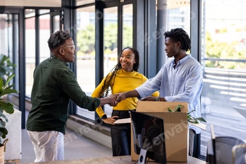 Preview: Celebrating successful collaboration, colleagues shaking hands in modern office setting
