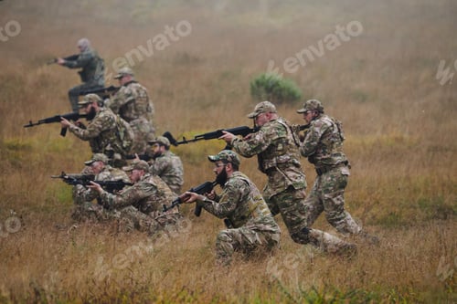 Preview: A disciplined and specialized military unit, donned in camouflage, strategically patrolling and