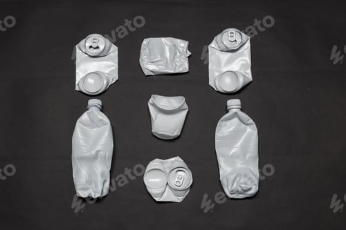 Preview: Crumpled plastic and metal cans lie on a black background. Concept of littering of the environment