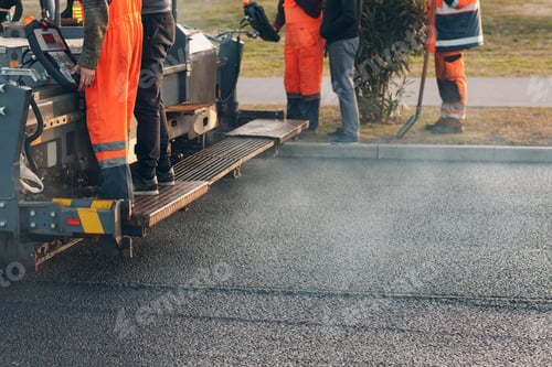 Preview: Asphalt paving. Paver machine and workers. New road construction.