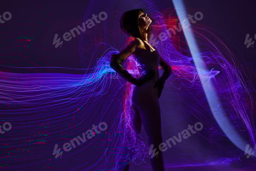 Preview: Beautiful fashionable girl neon lines light posing Lifestyle unaltered