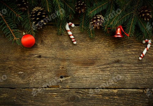 Preview: Christmas Pine Cones and Ornaments on Wooden Background