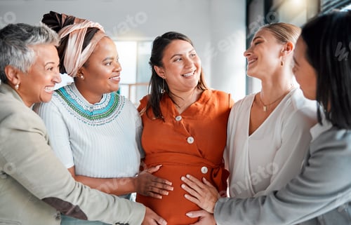 Preview: Pregnant, women touch stomach and support with smile, love and solidarity with care, wellness and b