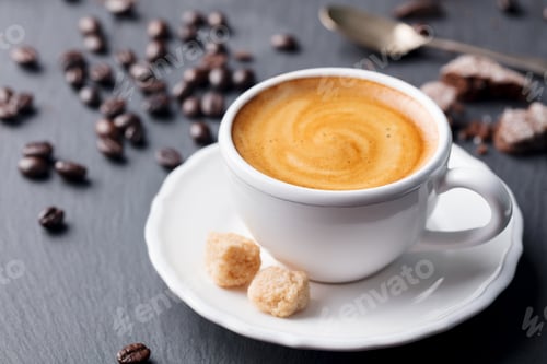 Preview: Cup of Coffee on Black Slate Background. Close up.