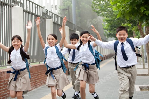 Preview: Lively schoolchildren in uniform on the way to school