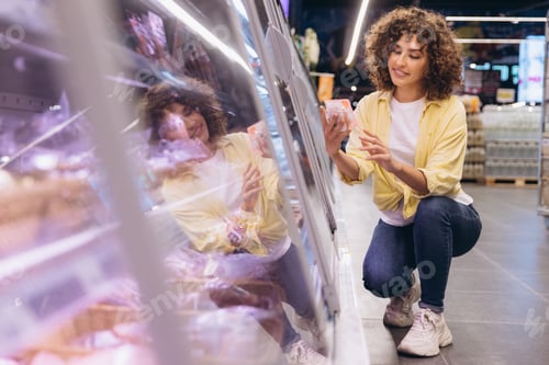 Preview: Young Woman Choosing Frozen Food in Supermarket Refrigerator
