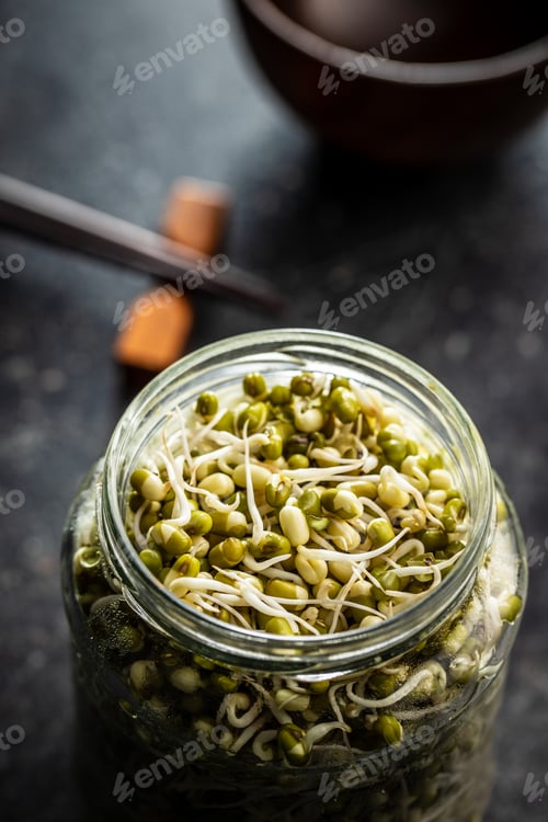 Preview: Sprouted green mung beans. Mung sprouts in jar.