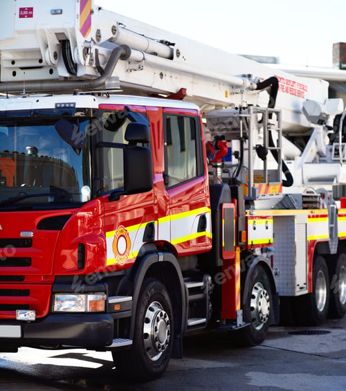 Preview: The fire rescue mobile. Shot of a fire engine parked outside a fire station.