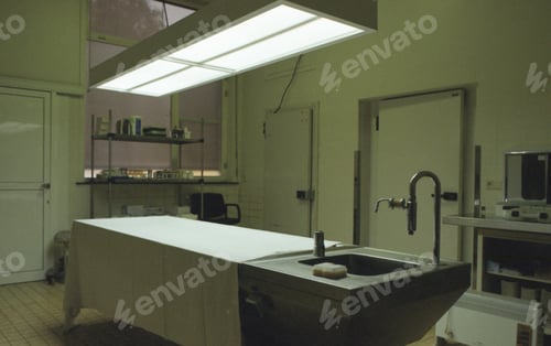 Preview: Examination table for hospitals with a tap under the lights in a dark room