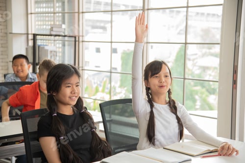 Preview: Elementary school female students raise their hands to ask class teacher