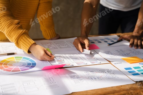 Preview: UX developer and ui designer brainstorming about mobile app interface wireframe design.