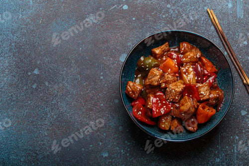 Preview: Sweet and sour pork with bell peppers and pineapple served in blue bowl, traditional Chinese dish