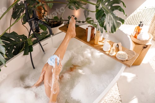Preview: High angle view of young woman using sponge while bathing, relaxing in bubble filled bathtub