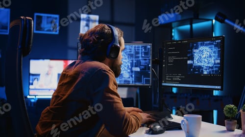 Preview: IT expert enjoying coffee and audio podcasts while writing AI code