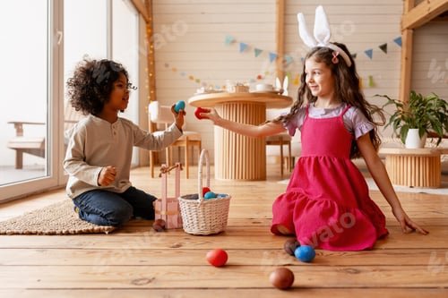 Preview: Children Celebrating Easter Holiday Indoors at Home