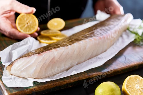 Preview: Crop faceless chef squeezing lemon on raw cod fillet