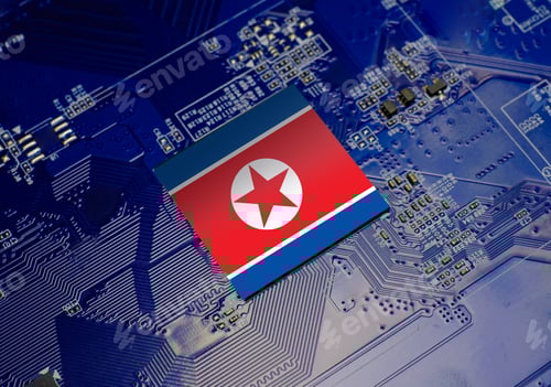 Preview: Flag of North Korea on CPU operating chipset computer electronic circuit board