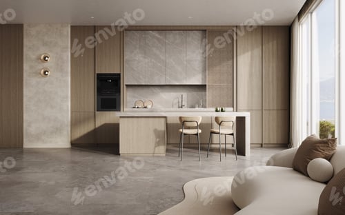 Preview: Bright, Modern Kitchen Interior With Island and Seating