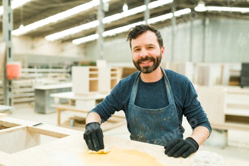 Preview: Handsome man staining a wood cabinet with a sponge