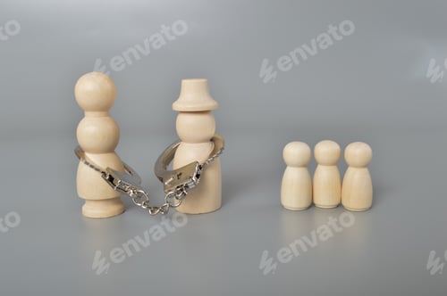 Preview: Wooden husband and wife with handcuff locked. Divorce of two persons. The end of the relationship