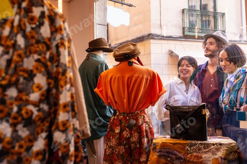 Preview: Friends looking at clothes behind shop window
