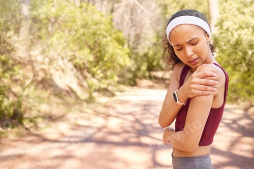 Preview: Shoulder pain, exercise injury and woman in park for sports training, running and fitness mockup. A