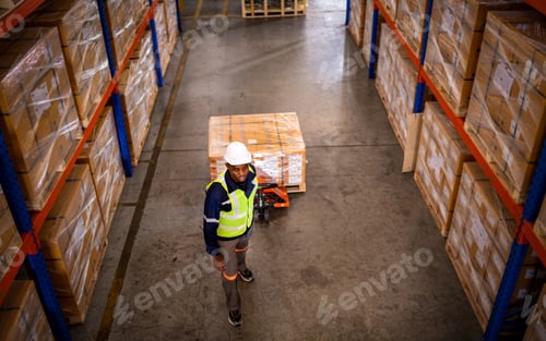 Preview: Industry warehouse worker in helmets with produce order details and checking goods supplies on boxes