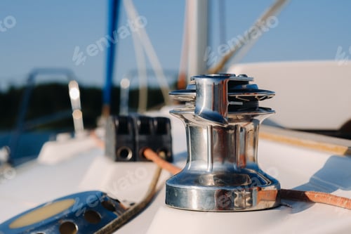 Preview: rope on the winch of a white yacht in the sea.yacht equipment
