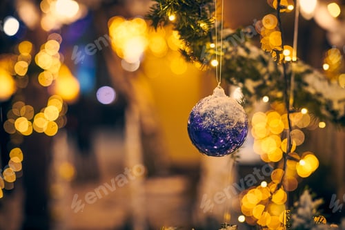 Preview: Christmas tree decorations covered snow, outdoor xmas tree with decorative blue bulbs