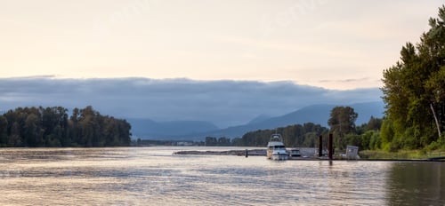 Preview: View of Fraser River and boats docked at a quay
